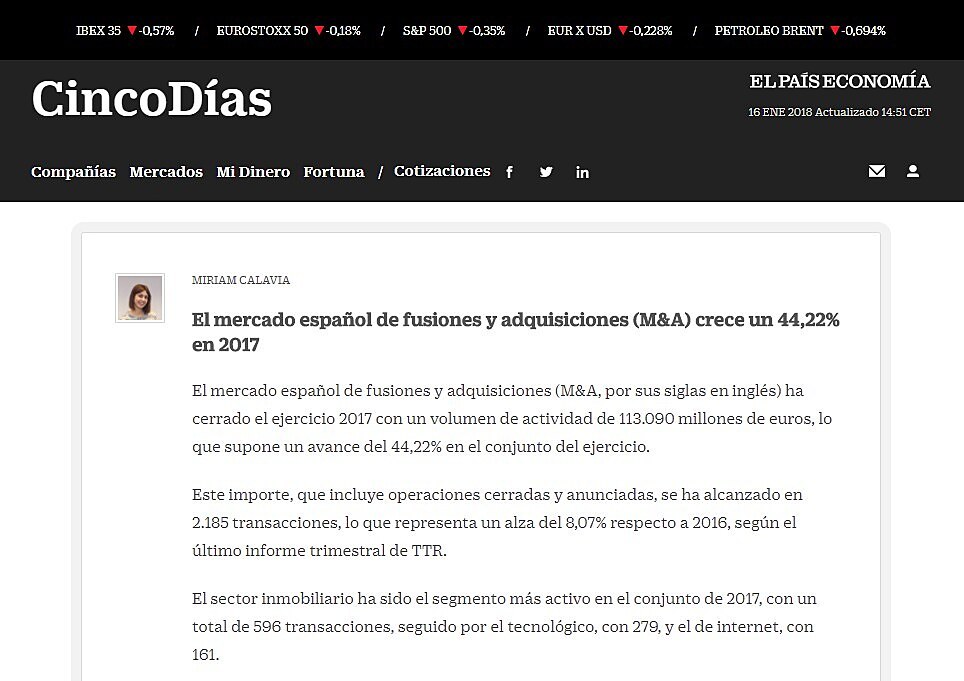 El mercado espaol de fusiones y adquisiciones (M&A) crece un 44,22% en 2017